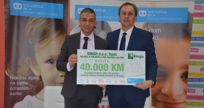 Tuzlanski Bingo pet godina zaredom najbolji prijatelj SOS Dječijih sela BiH: Uručen donatorski ček od 40.000 KM 