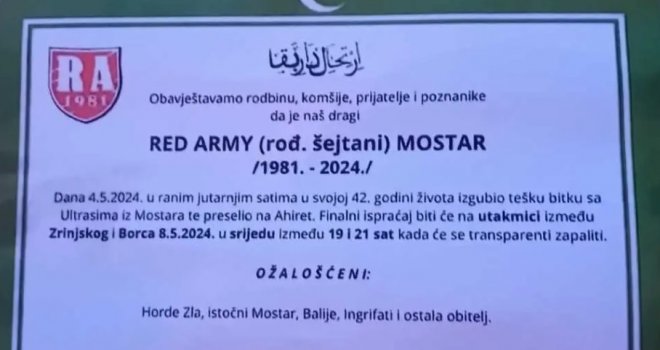 Najava haosa u Mostaru: Hoće li Ultrasi danas zapaliti zastave Red Armya, objavili i smrtovnicu