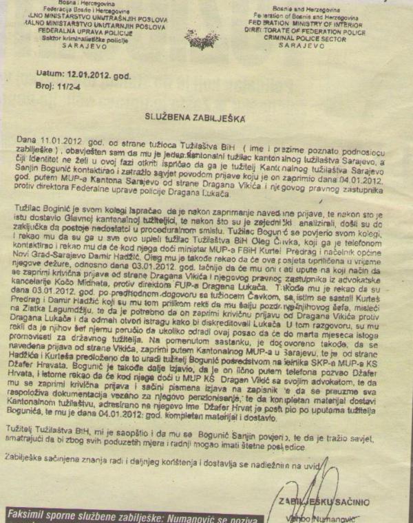 policijska zabilješka Vehbe Numanovića