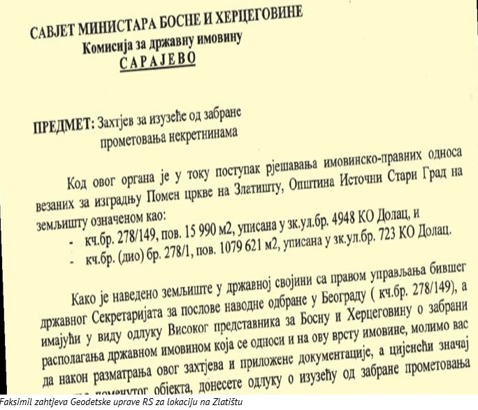 Faksmil zahtjeva za izgradnju crkve na Zlatištu