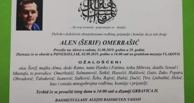 Estrada tuguje: U ponedjeljak na sarajevskom groblju Vlakovo dženaza mladom bh. muzičaru Alenu Omerbašiću 
