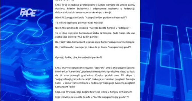 Face TV odgovara Kriznom štabu Konjica: 'Nismo mi krivi i odgovorni, vi širite paniku! Vi i premijer Novalić!