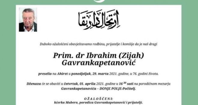 Dr. Stevanović: Danas je na neko bolje mjesto otišao dr. Ibrahim Gavrankapetanović, vrhunski internista